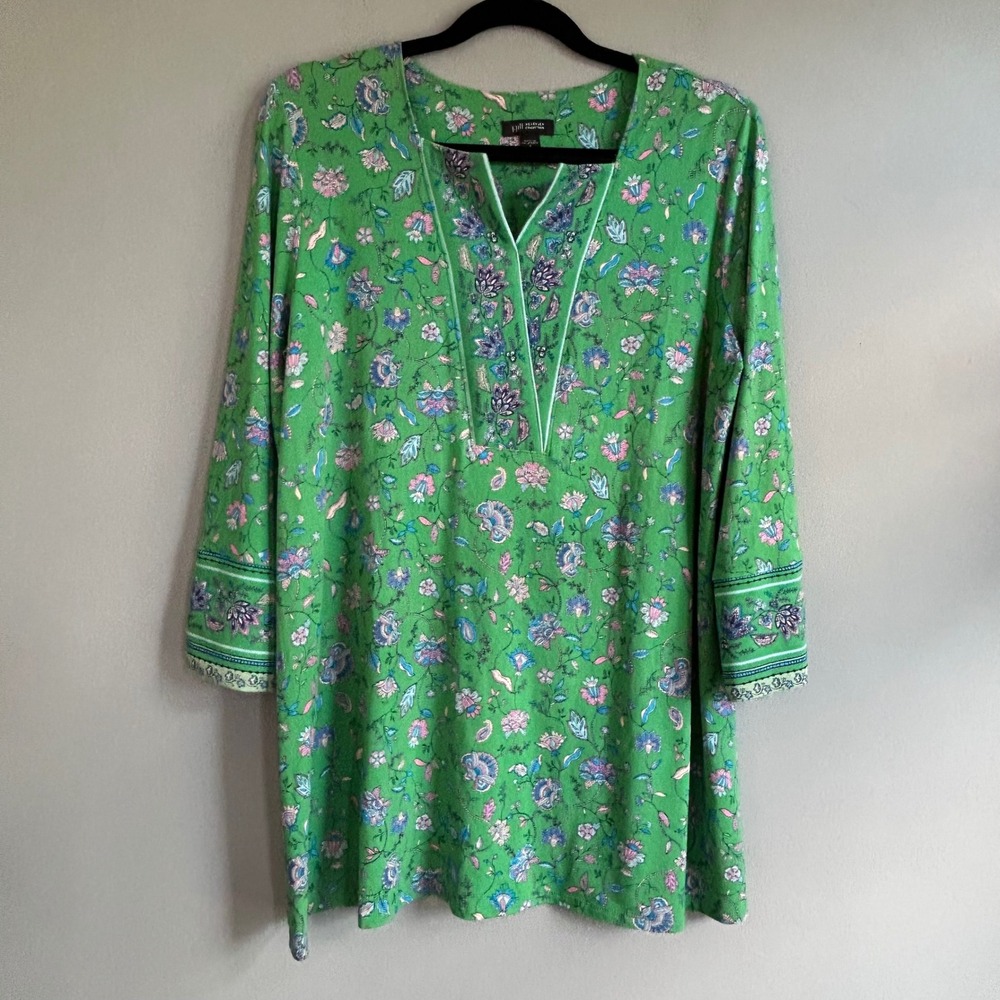 J.Jill Wearever Green Floral Paisley Split Neck Tunic Top Small 3/4 Sleeve‎